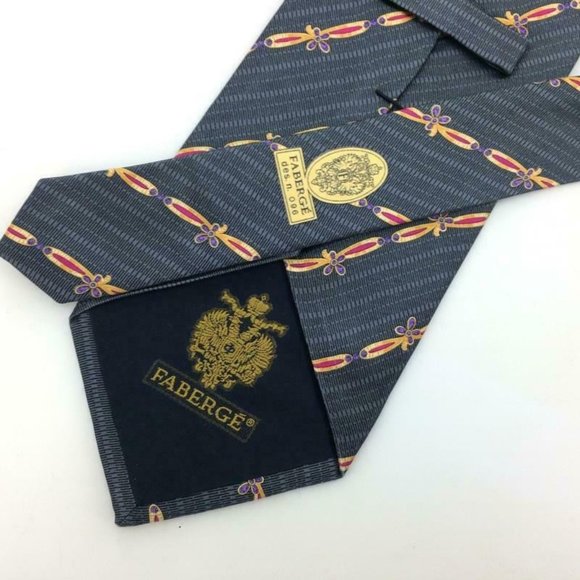 Fabergé Made In USA Tie Gray Red Gold Stripe Luxury Men Floral Silk Necktie L4-F - Picture 5 of 6